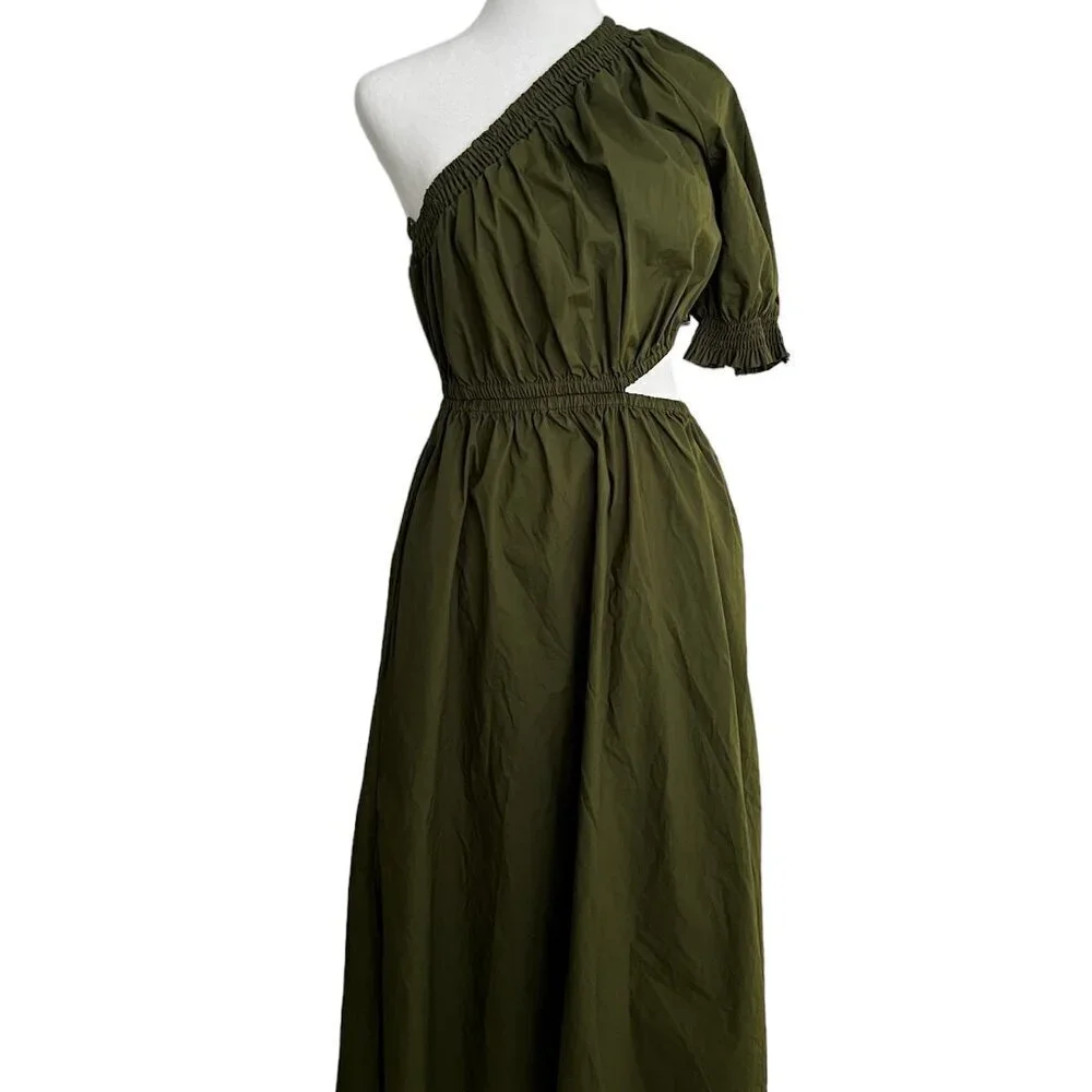 Who What Wear Olive Green‎ Puff Short Sleeve Cut Out Midi Dress Size Small